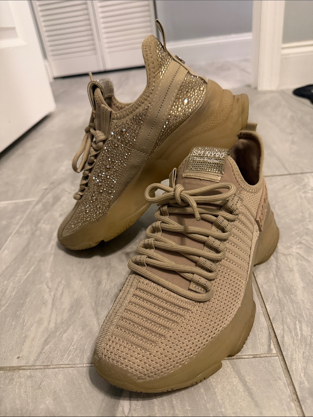 Steve Madden Women's Tan Knit Sneaker with Embellished Side